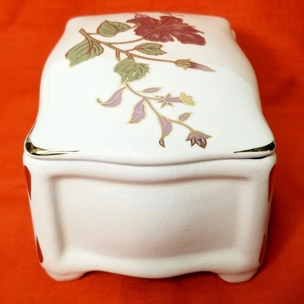 Vintage Colibri Porcelain White Floral Trinket Box, Jewelry Organization Box